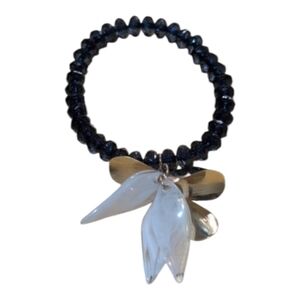 Dark Blue Bead Elastic Bracelet With Gold And White Charm